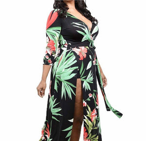 Plus Plus-Size Floral Print Surplice Maxi Dress with Shorts