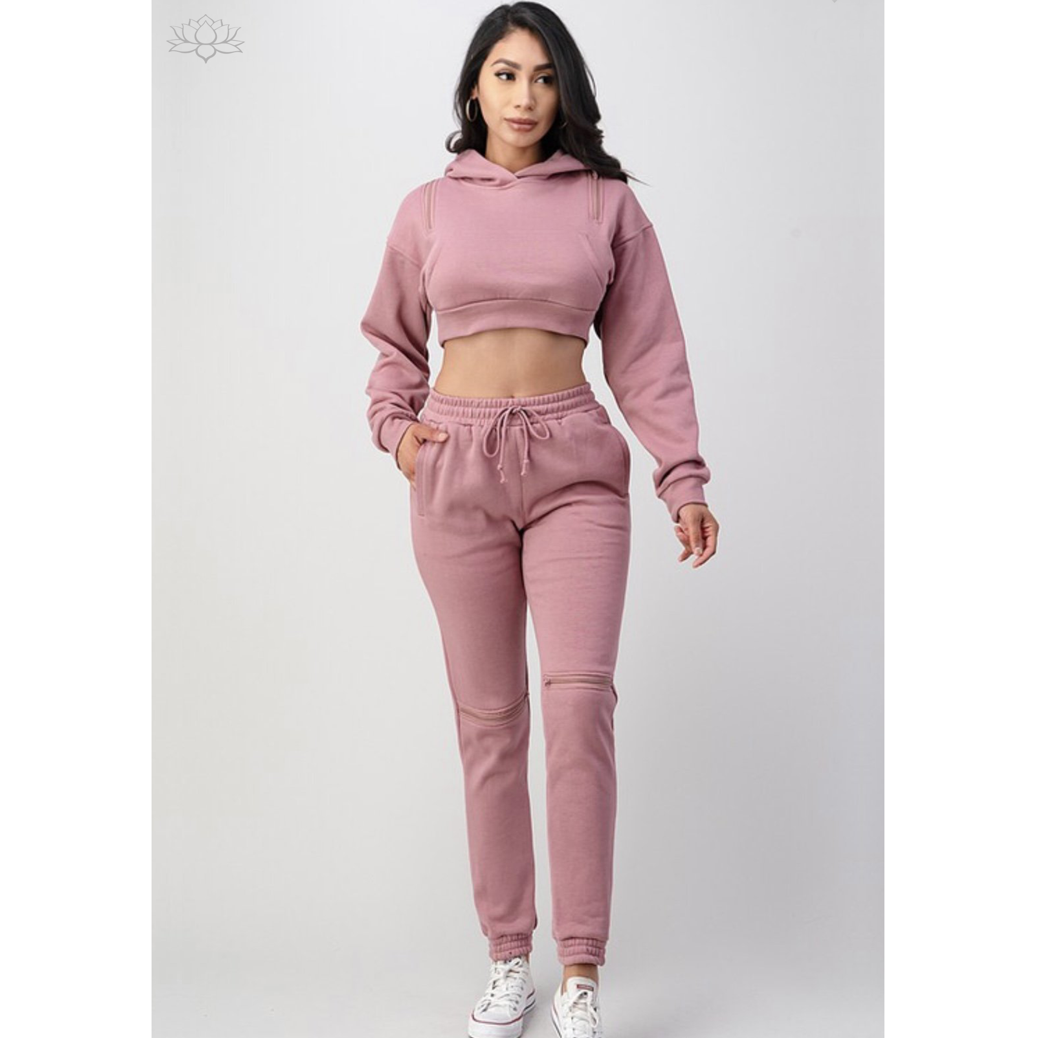 Cropped Hoodie Sweater With Zip On Shoulders Cinched Sweatpants