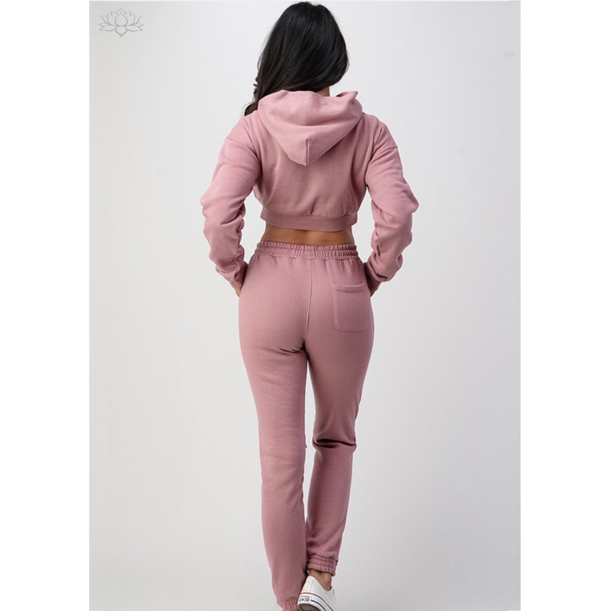 Cropped Hoodie Sweater With Zip On Shoulders Cinched Sweatpants rear view