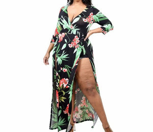 Plus Plus-Size Floral Print Surplice Maxi Dress with Shorts