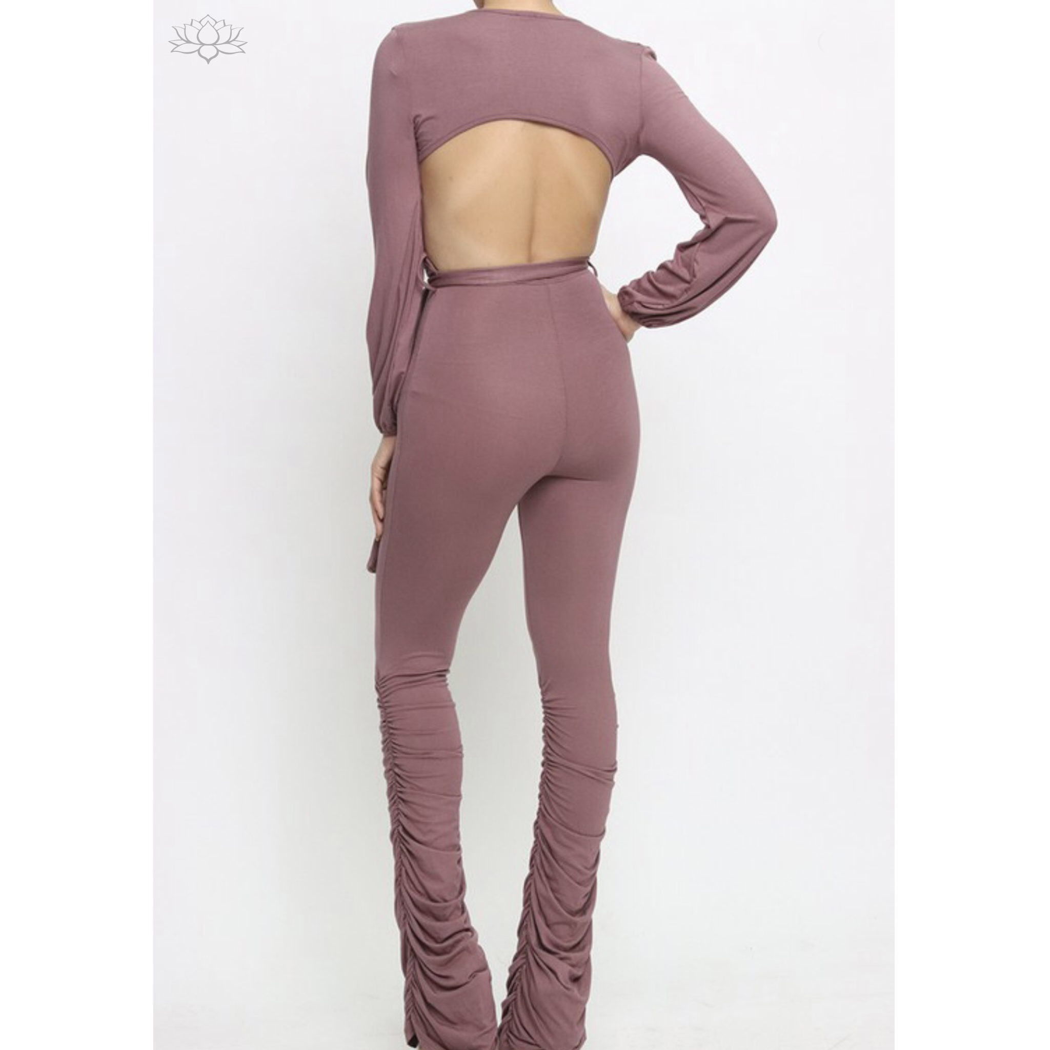 Deep V-Neck Jumpsuit w/Waist the Ruching Bottom Design review view