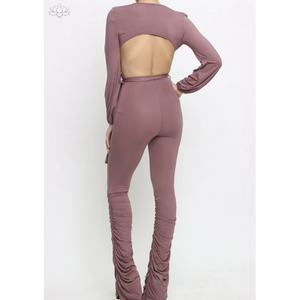 Deep V-Neck Jumpsuit w/Waist the Ruching Bottom Design review view