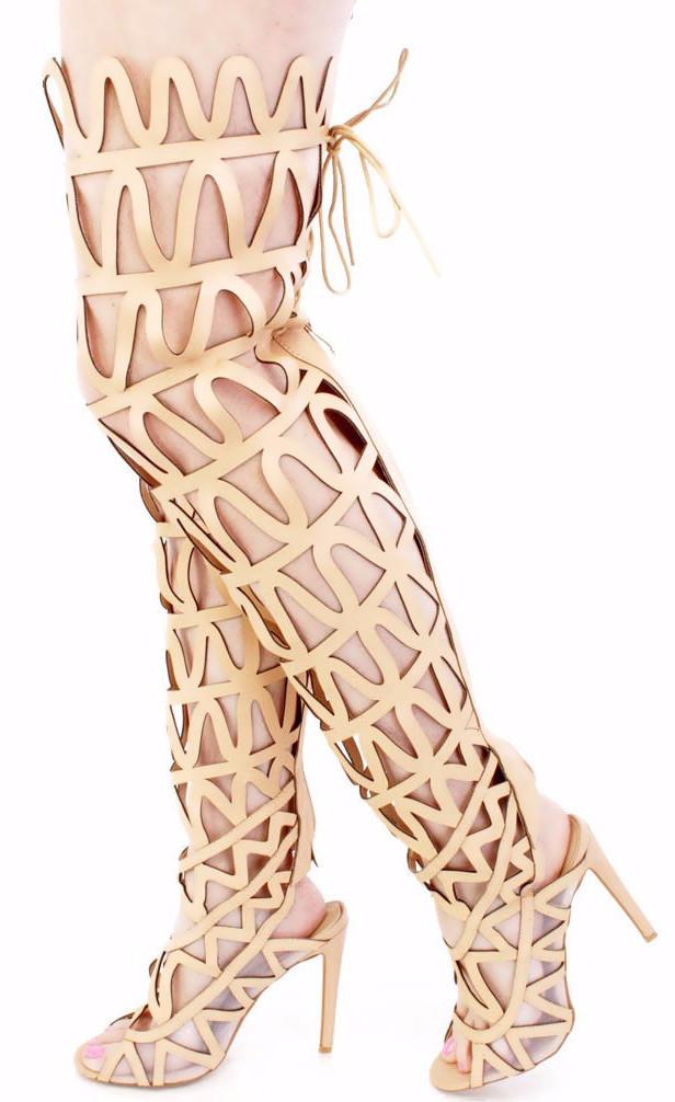 Nude Zig Zag Thigh High Lace Up Boot