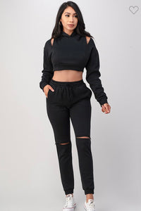 Cropped Hoodie Sweater With Zip On Shoulders Cinched Sweatpants With Zipper Split  Knees (Set)