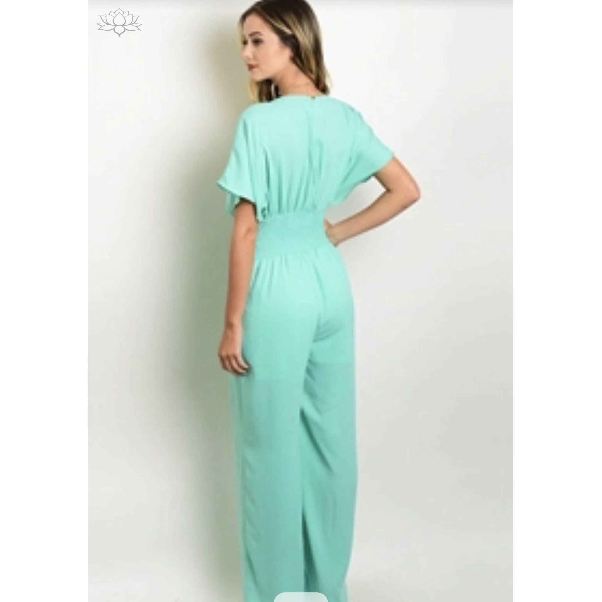 Flutter Short Sleeve Mint Green Jumpsuit back view