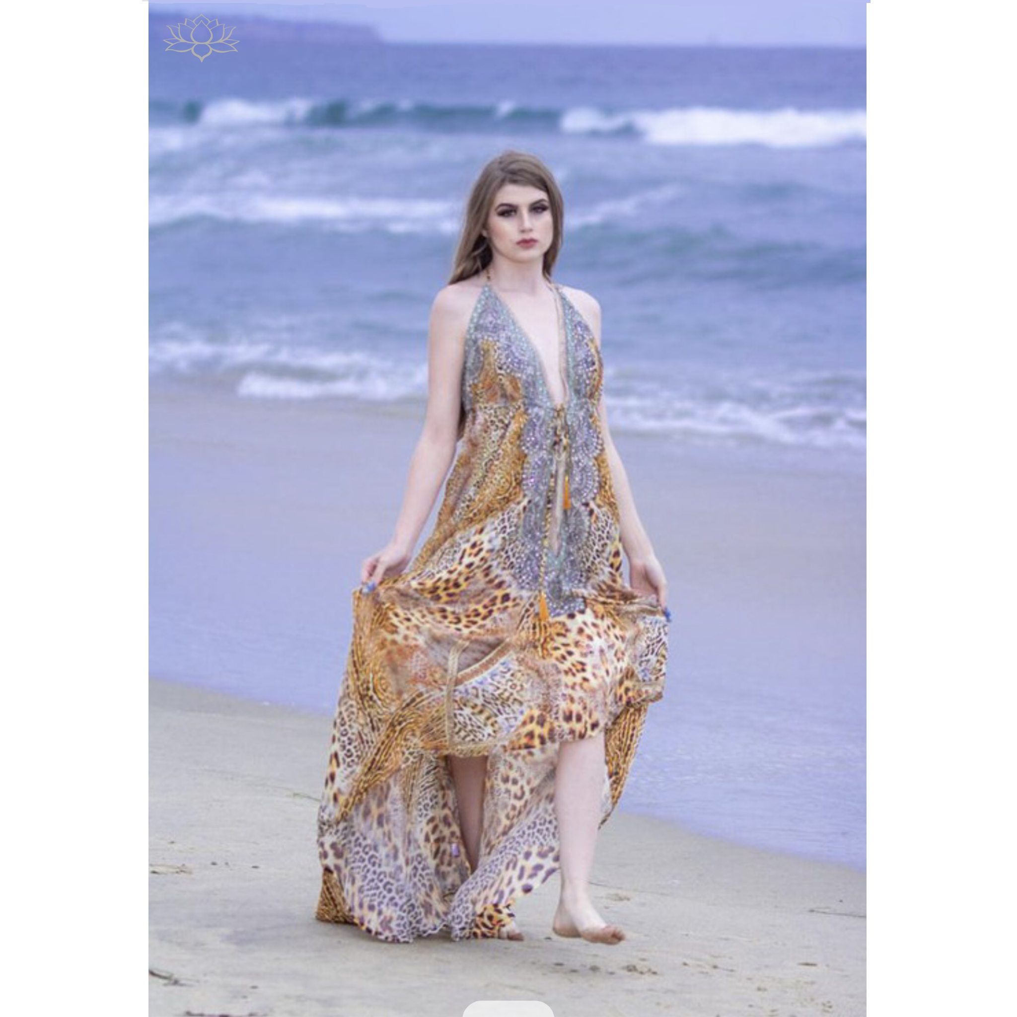 Luxury Resort Wear Digital Printed Halter Dress