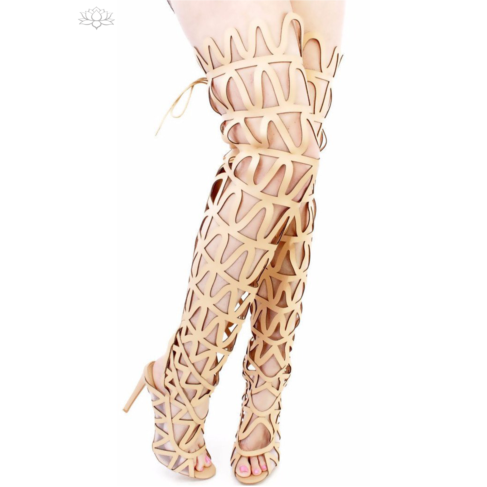 Nude Zig Zag Thigh High Lace Up Boot front