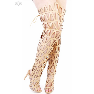 Nude Zig Zag Thigh High Lace Up Boot front