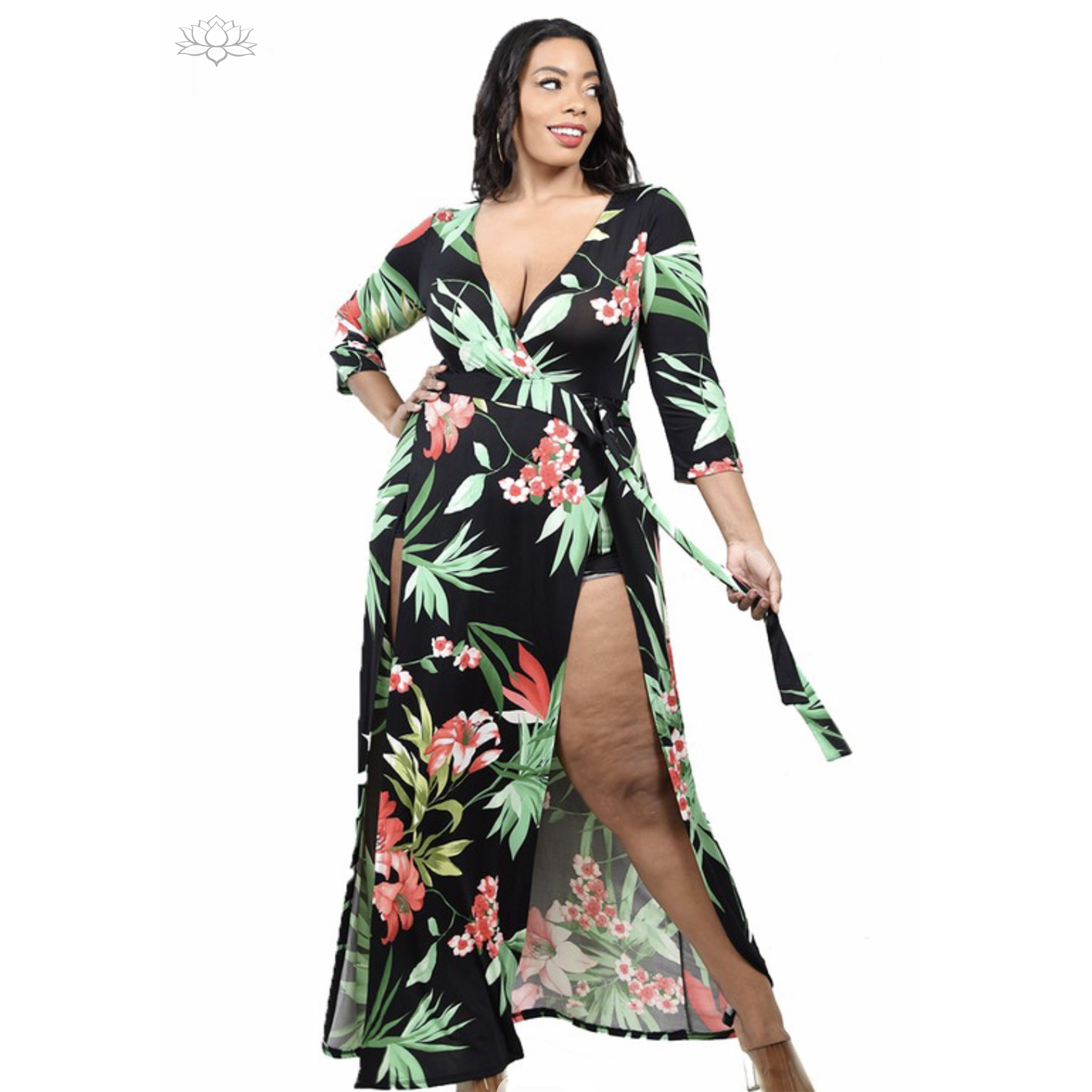 Plus Plus-Size Floral Print Surplice Maxi Dress with Shorts front view