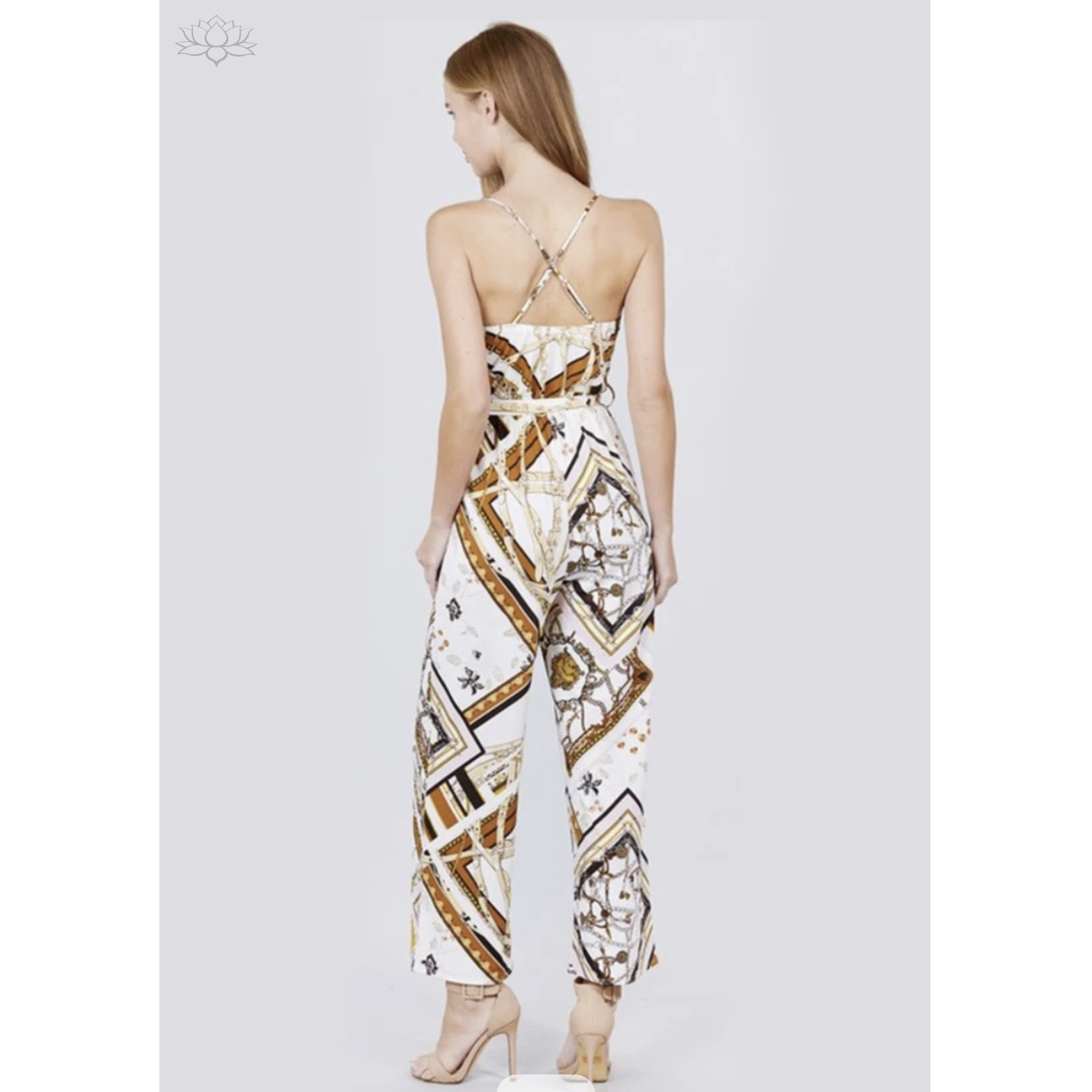 Printed Blush/Mustard Spaghetti Cami Jumpsuit back view