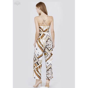 Printed Blush/Mustard Spaghetti Cami Jumpsuit back view