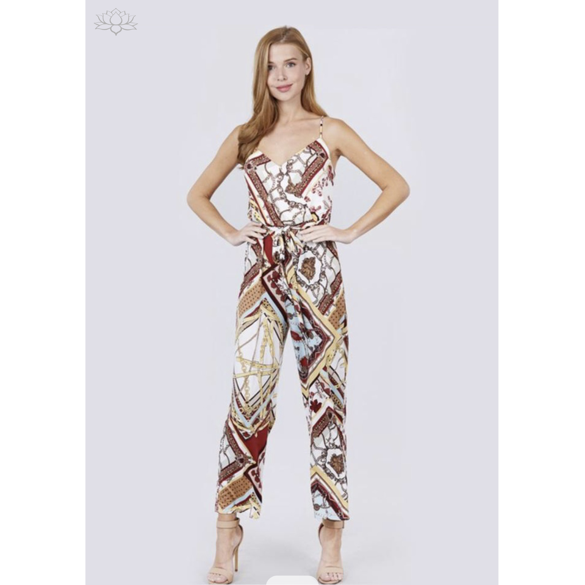 Printed Sage/Red Spaghetti Cami Jumpsuit