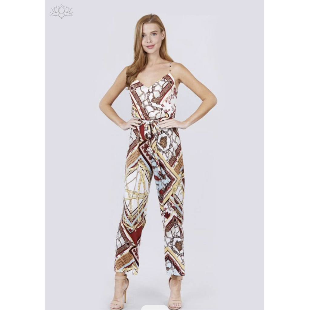 Printed Sage/Red Spaghetti Cami Jumpsuit