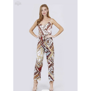 Printed Sage/Red Spaghetti Cami Jumpsuit