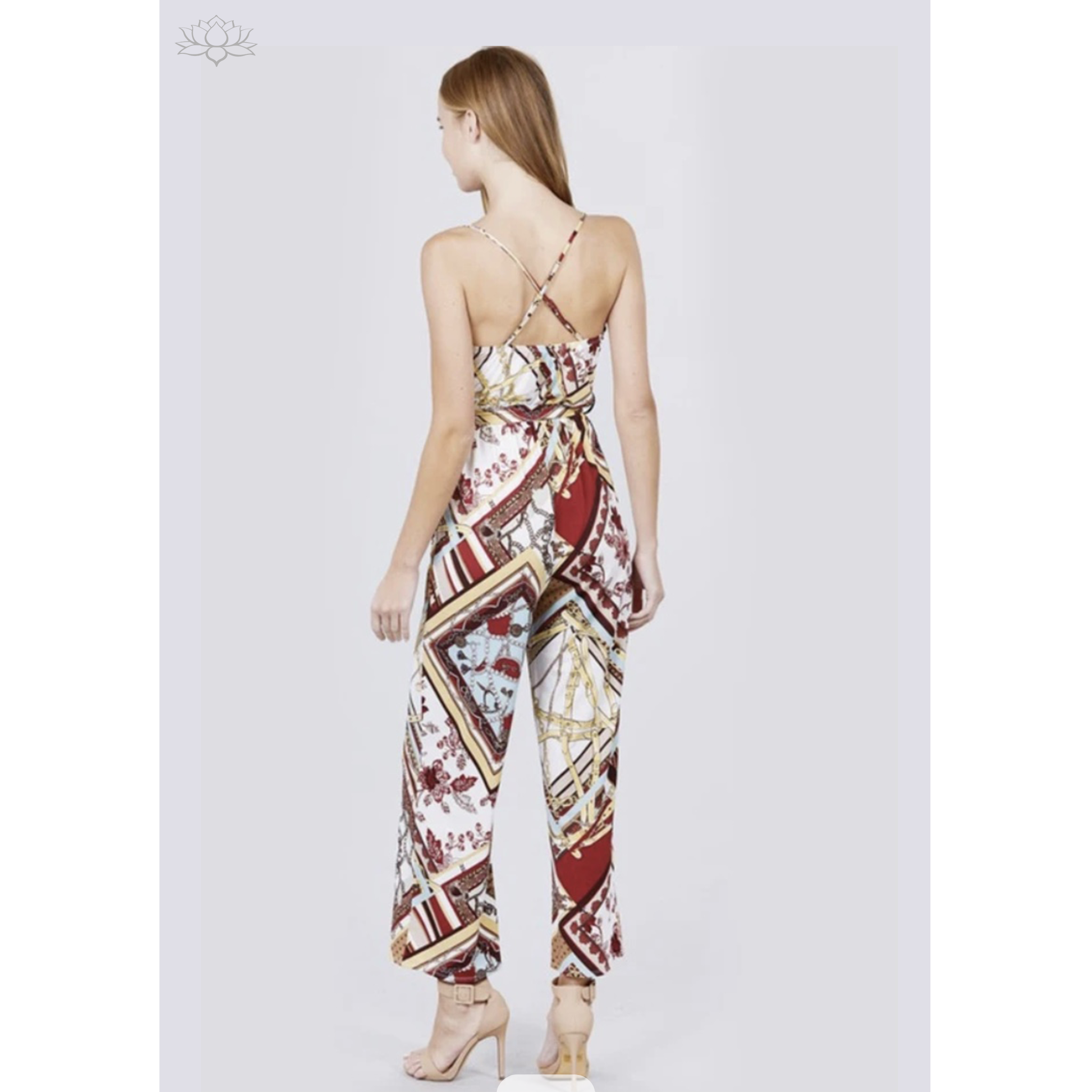 Printed Sage/Red Spaghetti Cami Jumpsuit back view