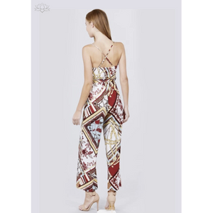 Printed Sage/Red Spaghetti Cami Jumpsuit back view