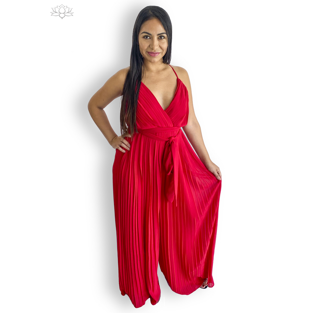 Red Flowy Pleated Jumpsuit