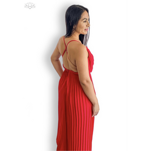 Red Flowy Pleated Jumpsuit back view