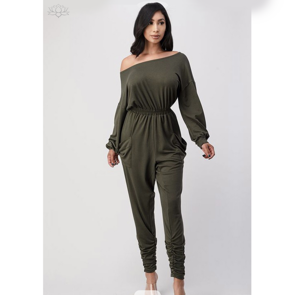 Relaxed Off The Shoulder Jumpsuit With Cinched Waist