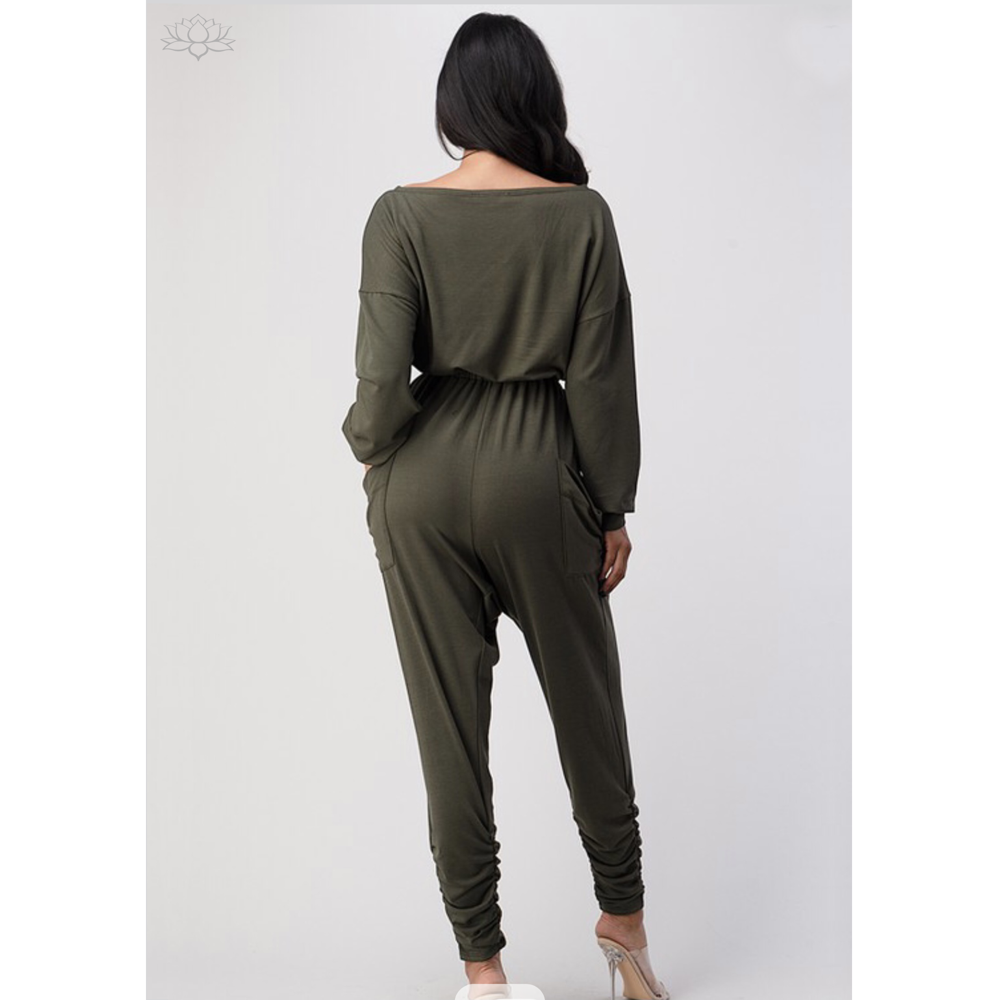 Relaxed Off The Shoulder Jumpsuit With Cinched Waist back view