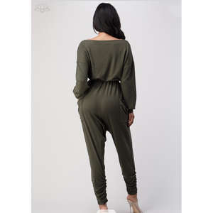 Relaxed Off The Shoulder Jumpsuit With Cinched Waist back view